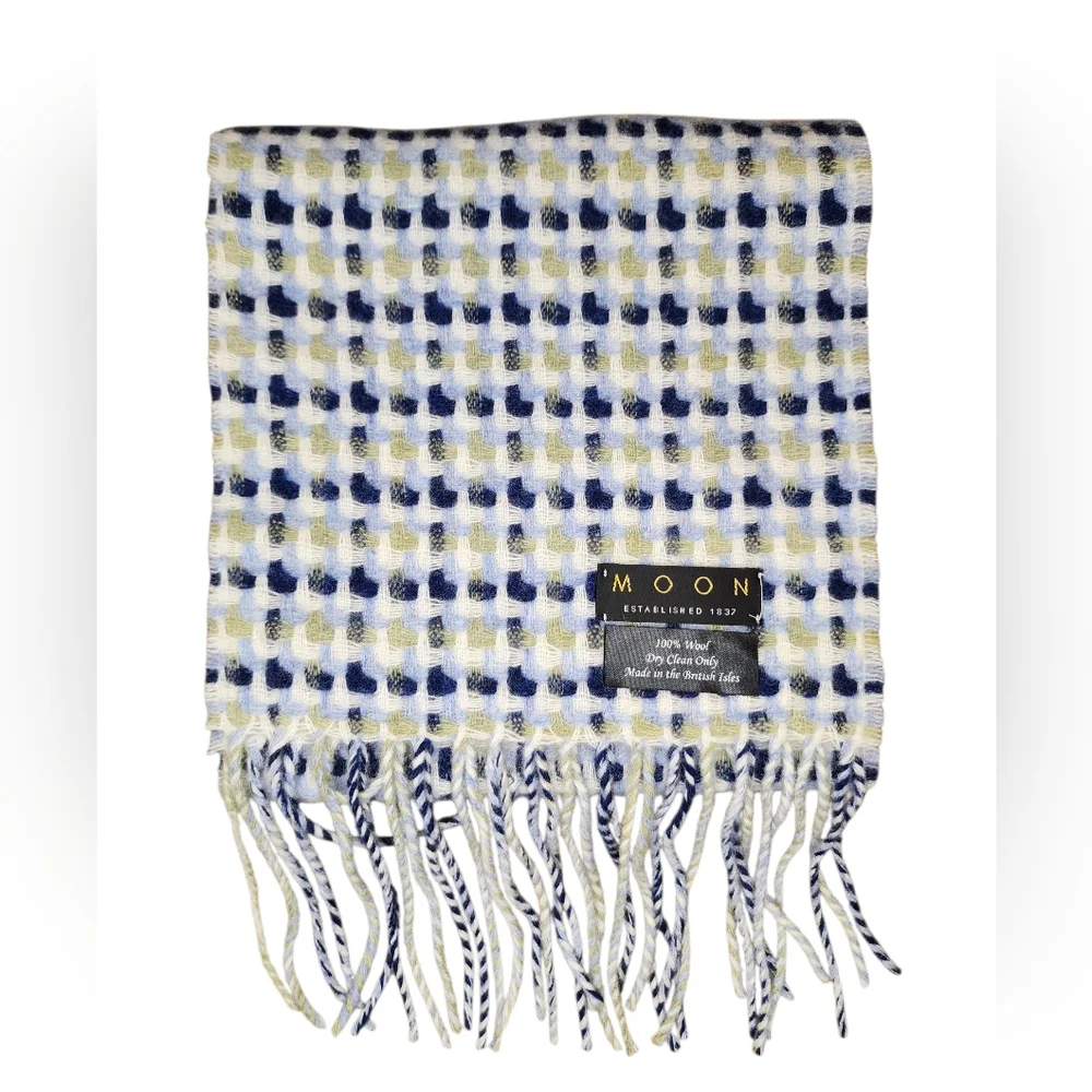 MOON 100% Wool Woven Scarf - Blue, Navy & Gold/Green Check, Unisex